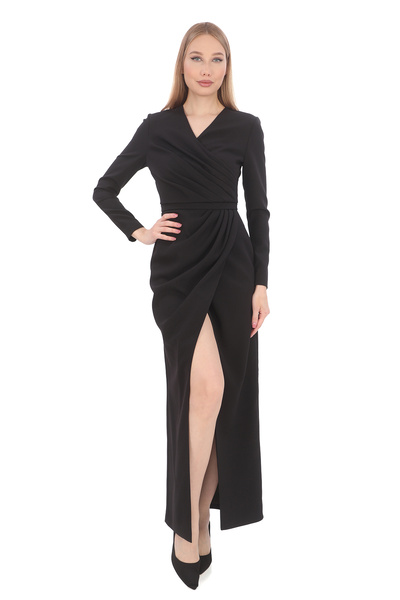 PEARL SİYAH PLİSE DETAYLI KRUVAZE  ELBİSE