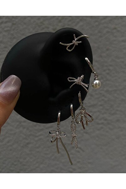 h&b design jewel Çelik Silver Kurdela Detay 6 Lı Küpe Seti