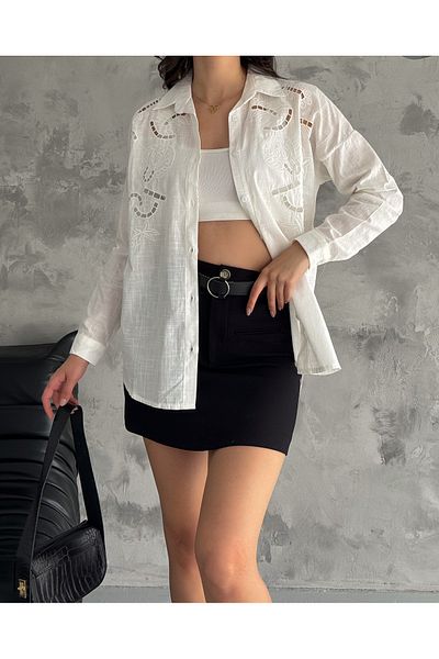 laughs WOMEN'S ECRU FISTOLED LONG SLEEVE LINEN LOOK SHIRT DE3210