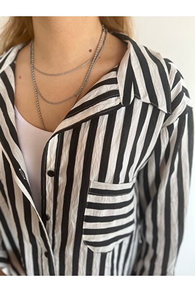 mirabella Women's Oversize Summer Shirt Black Striped Shirt Black and White S...