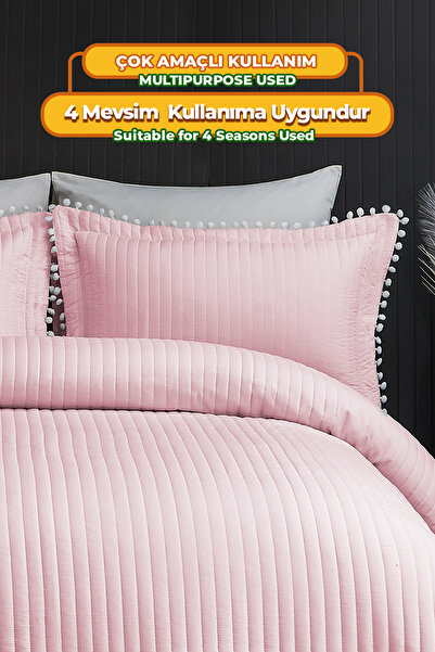 Evlen Home Collection %100 Pamuk Çift Kişilik Yatak Örtüsü Seti Kapitone Ponponlu Elyaf Dolgulu Pike Takımı Pudra
