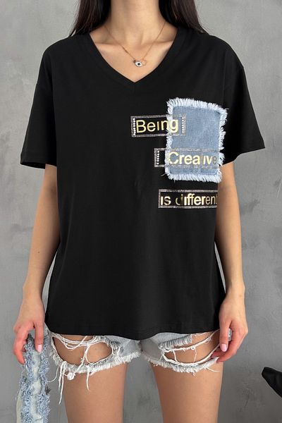 FEMELLE Tricou de damă, negru, cu buzunar, din bumbac, imprimat cu folie, din denim, sezon nou