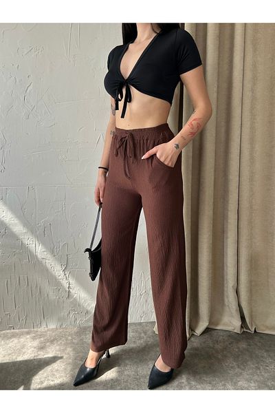 Fav Style Women's High Waist Elastic Double Pocket Loose Leg Wrinkled Pants Coffee