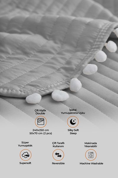 Evlen Home Collection Κάλυμμα διπλού κρεβατιού 100% βαμβακερό με σετ Pompom (Pique) Γκρι