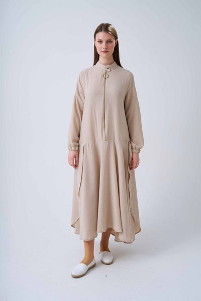 Niliwi 4013 Model Linen Dress - Flounce Skirt and Zipper Detail