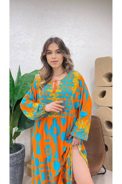 ZF BUTİK Patterned V-Neck Tied Long Dress