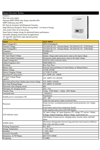 Lexron 1000W MPPT 12V AKILLI İNVERTER