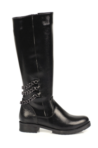 Capone Outfitters Dámské vrásčité lakované kožené boty s detailním zadním zipem pod kolenním řetízkem