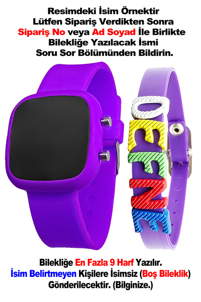 tutkanstore Dijital Çocuk Kol Saati İsme Özel Hediye Bileklik Kombine Mor Kar...