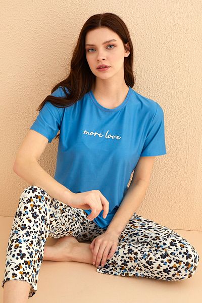 MEBA Set de pijamale pentru femei tricotate cu mânecă scurtă, More Love, cu model leopard /4