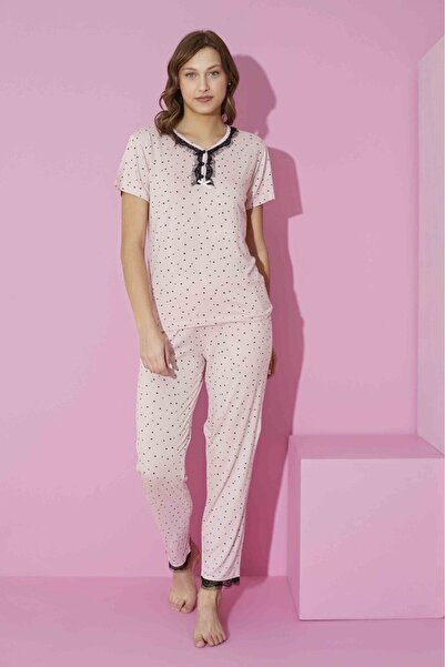 bie's Ženska roza crna Tačkasti dezen uzorak Čipka detalj V-izrez Viskoza kra...