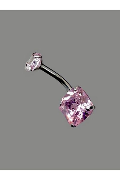 MAZEN Pink Colored Surgical Steel Square Belly Piercing - Double Zircon Stone