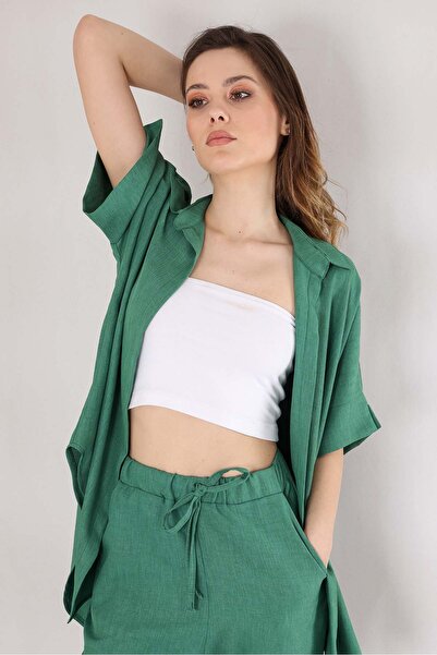 Fashion Showcase Oversize Short Sleeve Linen Women's Shirt - Green