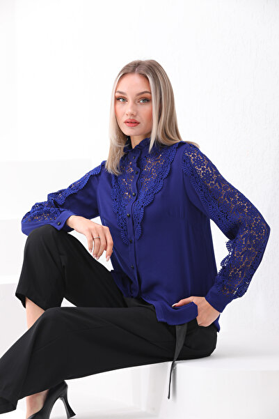 Loom Boutique Büyük Beden Dantel Garnili Krep Gömlek G0027