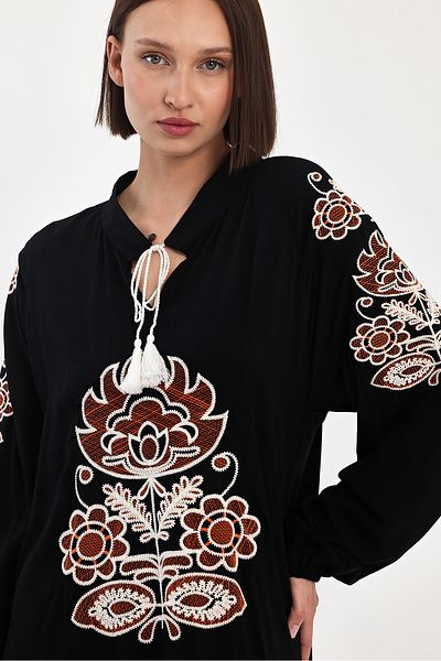 Denismoda Women's High Collar Lace-Up Embroidery Detailed Long Balloon Sleeve Dress