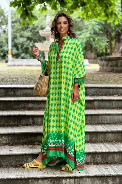Nevin Kaya Moda Yellow Amalfi Patterned Dress