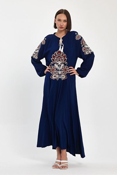 Denismoda Women's High Collar Lace-Up Embroidery Detailed Long Balloon Sleeve Dress