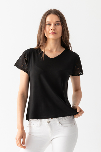 EtkiModa Γυναικεία μπλούζα από βισκόζη με χτενισμένη βισκόζη με μαύρα μανίκια