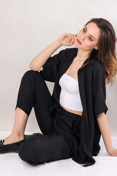 Fashion Showcase Cămașă oversize cu mânecă scurtă din in pentru femei - neagră