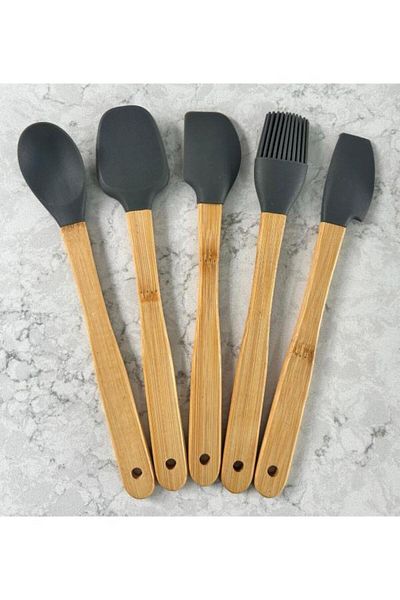PANJI Set of 5 Colorful Bamboo Silicone Spatulas - Long 21cm