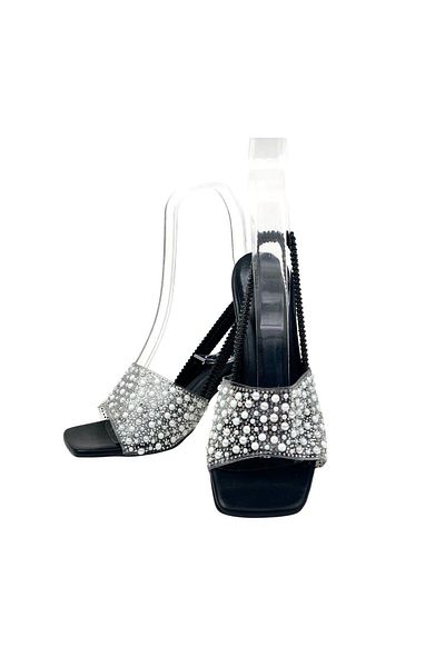 bescobel Women's Peak Black Stone Detailed Elastic Thin Heel Slippers 8Cm 807