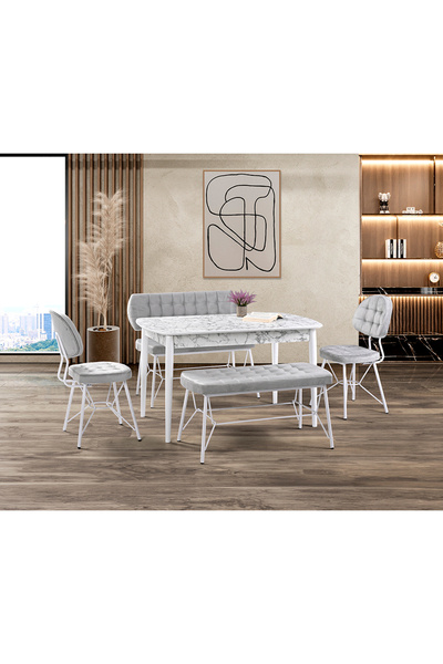 Mobilya Dükkanım Vegas Beyaz Mermer Masa & Gözde Beyaz Benç Takımı Takımı HDR...