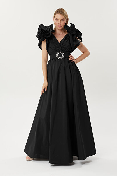 HaHelin Omuzdan Detaylı Belden Kemer Aksesuarlı Tafta Kumaş  Abiye Elbise