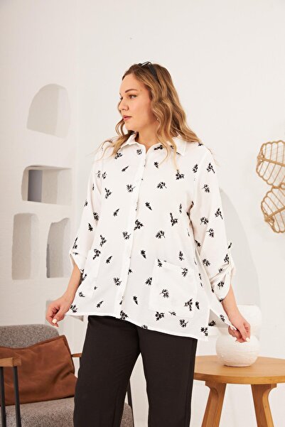 RMG Plus Size Ecru Shirt - Floral Embroidery