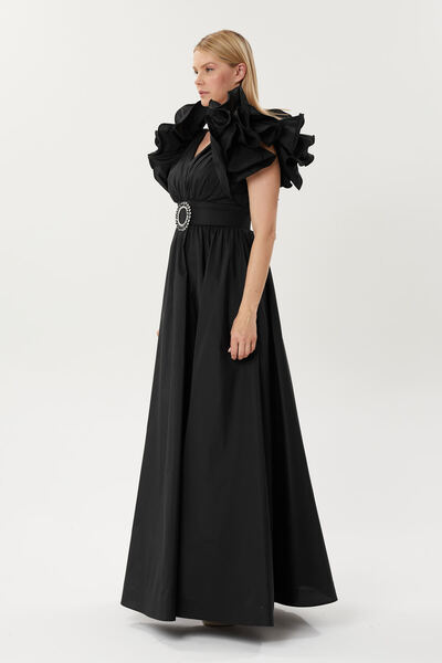 HaHelin Omuzdan Detaylı Belden Kemer Aksesuarlı Tafta Kumaş  Abiye Elbise