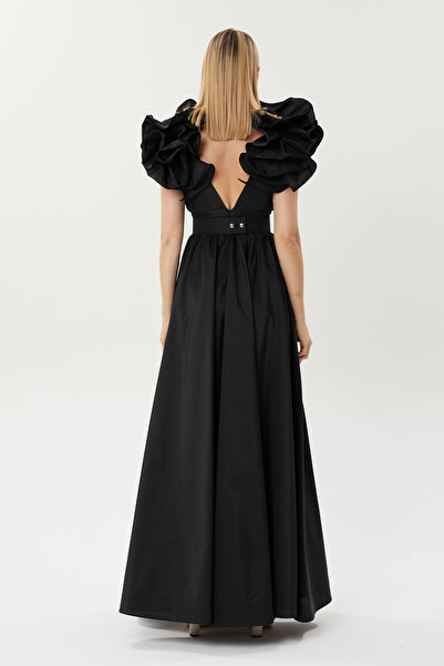 HaHelin Omuzdan Detaylı Belden Kemer Aksesuarlı Tafta Kumaş  Abiye Elbise