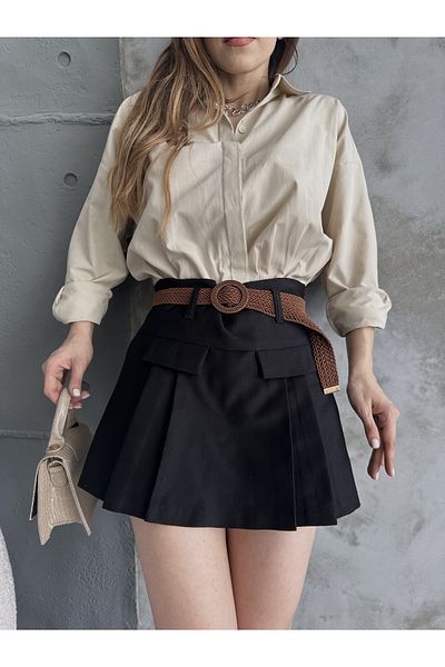 Correcto Fustă pantaloni scurți plisate din Gabardine - Trend pentru femei, detaliu curea și șapcă