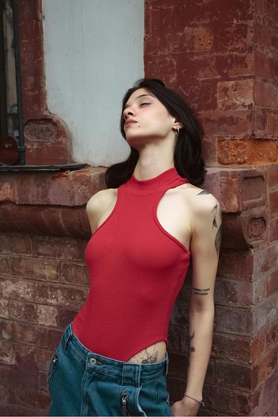 Touz Moda Red Basic Corded Detail Crop Blouse