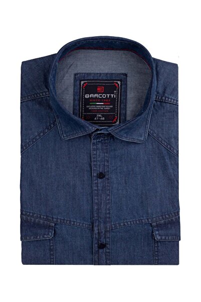 marufshop Men's Large Size 118-191 Suitable for Weight Interval Short Sleeve Lycra Flap Double Pocket Jeans Shirt Navy