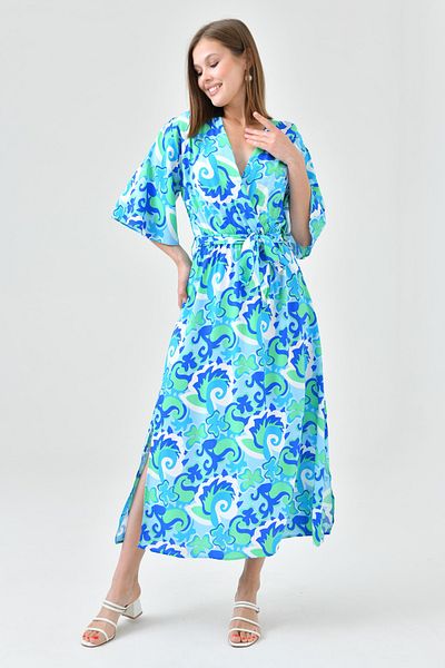 vuvutasarım Women's Stretch Fabric Printed Belt Detailed Side Slits Double Breasted Collar Midi Length Blue Dress 101