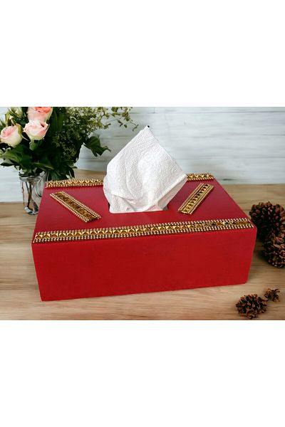 Fun Life Handmade Wooden Handkerchief Box Decorated with Gold Color Beads - Red