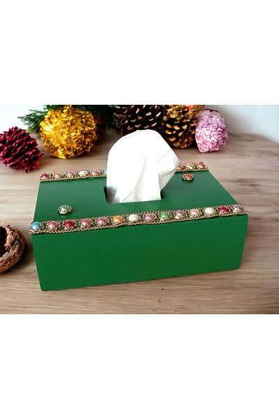 Fun Life Handmade Wooden Handkerchief Box Decorated with Colorful Beads - Green