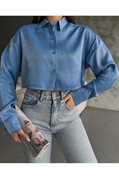 WEAR AND WEAR Women's Glitter Shiny Short Oversize Basic Shiny Satin Shirt Equivalent New Season Crop Satin Shirt