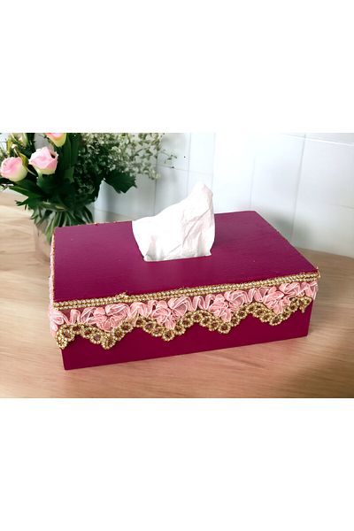 Fun Life Handmade Wooden Handkerchief Box with Lace Decoration - Pink