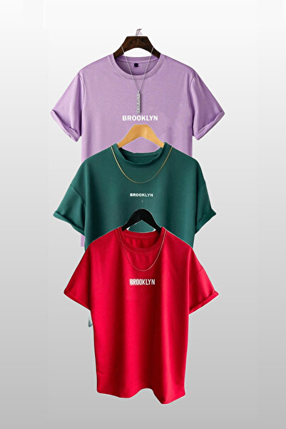Revasser Unisex Brooklyn Baskılı 3lü Paket Lila-Nefti Yeşil-Kırmızı