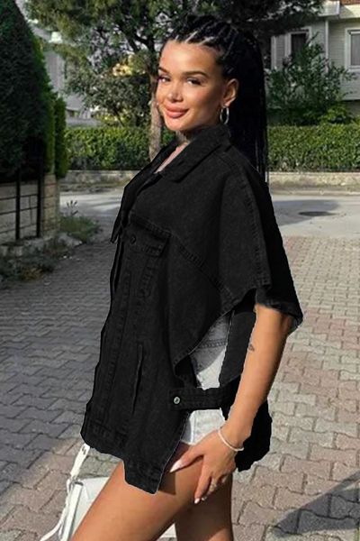 fehika Vestă poncho de denim de damă, supradimensionată, confortabilă, neagră, cu buzunare