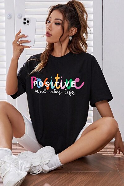 Revasser Negru Positive Printed Unisex Oversize Crew Gât