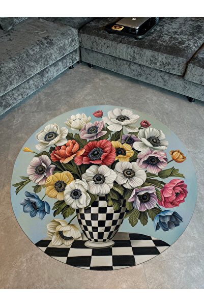 Rugs Modern Halı Fiorella 7002 Vazoda Renkli Çiçekler Dama Temalı Yuvarlak Ba...