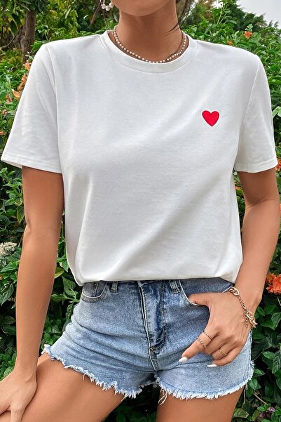 Revasser Women's Slimfit Cotton Red Heart White