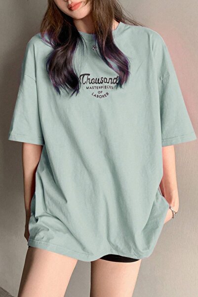 Revasser Unisex menta zelena okrugla kragna hiljada Štampano Oversize kroj