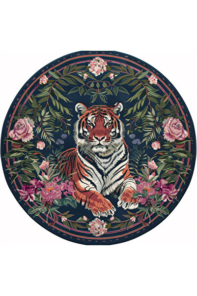 Rugs Modern Halı Fiorella 7004 Lacivert Kaplan ve Botanik Figürlü Yuvarlak Ba...