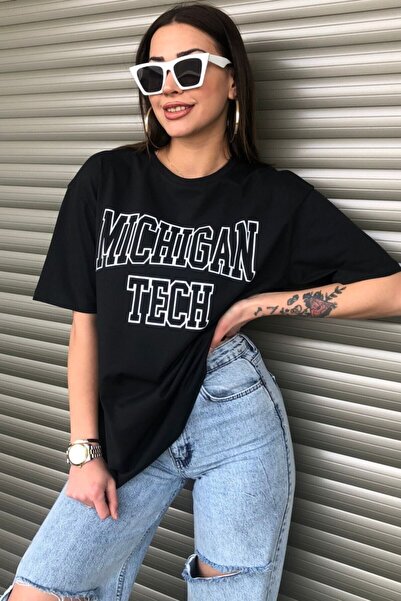 Revasser Ženska crna majica Michigan Tech sa natpisom Štampano Oversize kroj