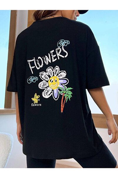 Revasser Unisex Negru Imprimat Spate Flori Oversize