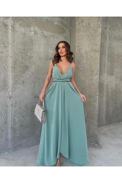 NARKISS Rochie din Sifon Verde Apa - Cravata Snur din Piele