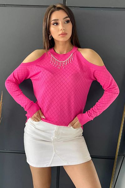 GÜLSELİ Γυναικεία πλεκτή μπλούζα Fuchsia Shoulder Low Cut Crew Neck Stone