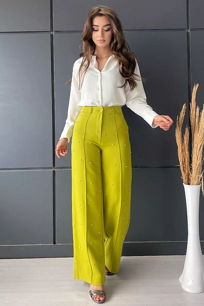 GÜLSELİ Oil Green High Waist Stoned Grassy Women's Palazzo Trousers
